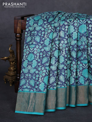 Navy Blue & Teal Green Pure Tussar Saree - Kalamkari Prints