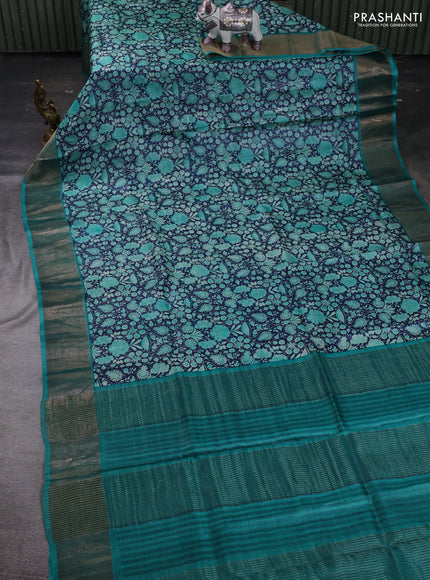 Navy Blue & Teal Green Pure Tussar Saree - Kalamkari Prints