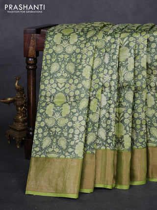 Green & Lime Green Pure Tussar Saree - Kalamkari Prints