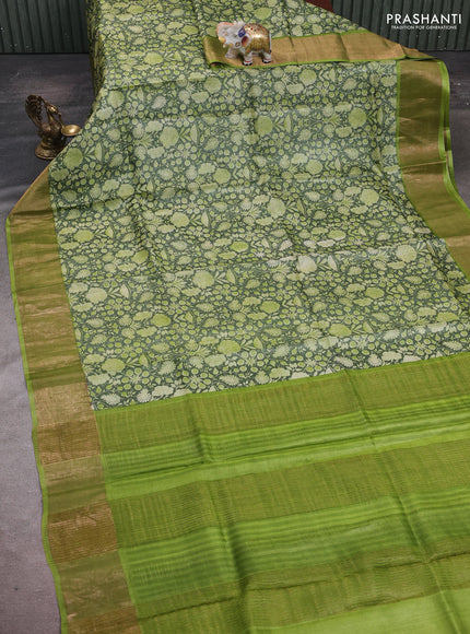 Green & Lime Green Pure Tussar Saree - Kalamkari Prints