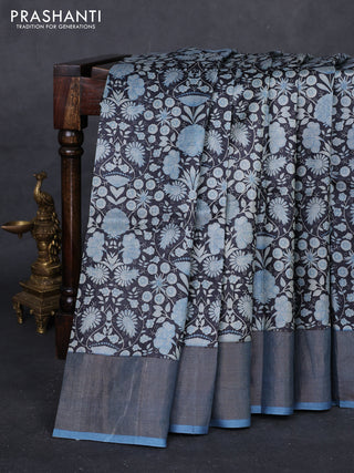 Black & Blue Pure Tussar Saree - Kalamkari Prints