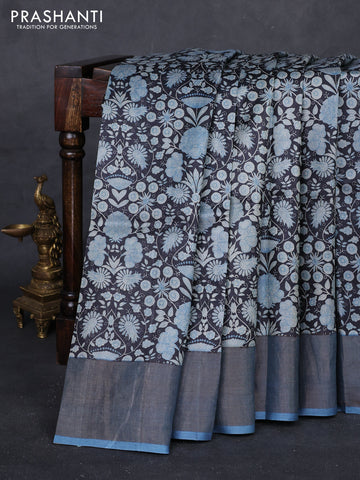 Black & Blue Pure Tussar Saree - Kalamkari Prints