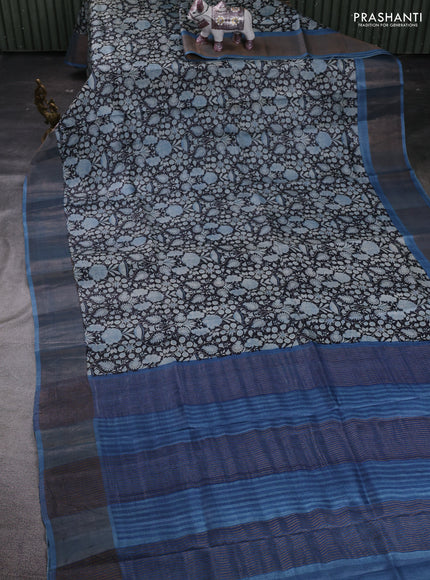 Black & Blue Pure Tussar Saree - Kalamkari Prints
