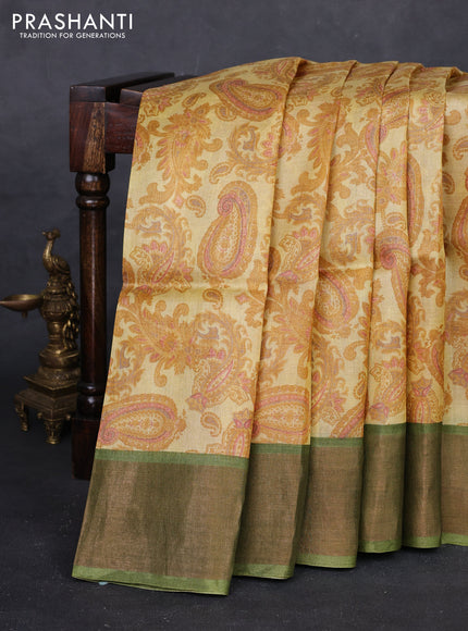 Mustard  & Relaichi Green Pure Tussar Saree - Kalamkari Prints