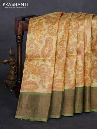 Mustard  & Relaichi Green Pure Tussar Saree - Kalamkari Prints