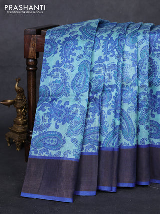 Teal Blue & Royal Blue Pure Tussar Saree - Kalamkari Prints