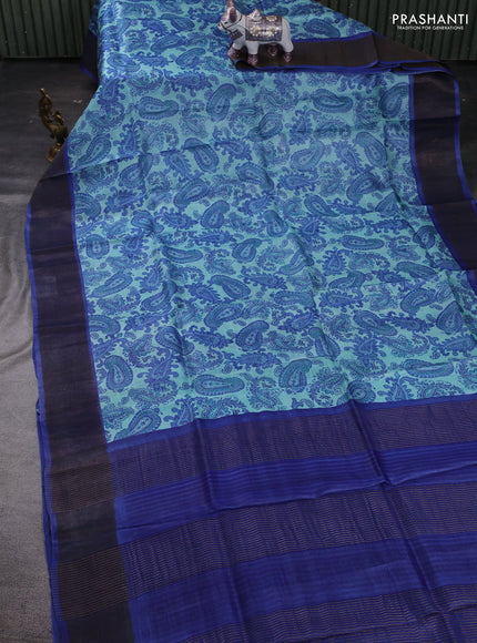 Teal Blue & Royal Blue Pure Tussar Saree - Kalamkari Prints
