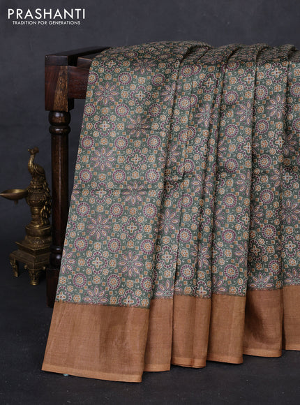 Pastel Green & Mustard Pure Tussar Saree - Ajrakh Prints