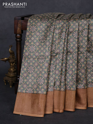 Pastel Green & Mustard Pure Tussar Saree - Ajrakh Prints