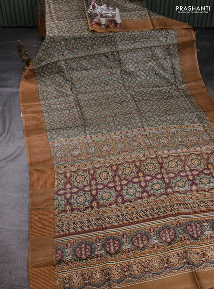 Pastel Green & Mustard Pure Tussar Saree - Ajrakh Prints