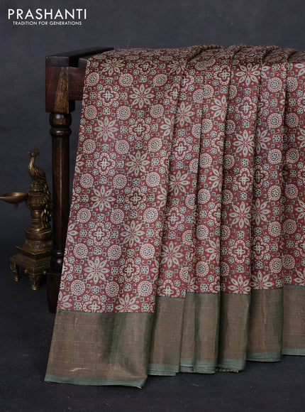 Brown & Green Pure Tussar Saree - Ajrakh Prints