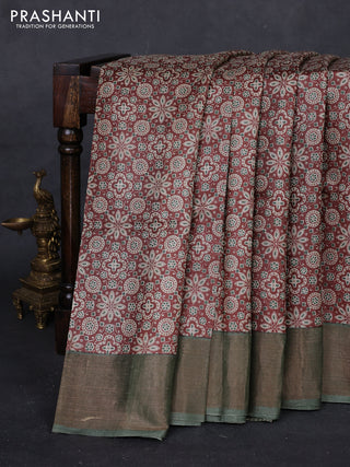 Brown & Green Pure Tussar Saree - Ajrakh Prints