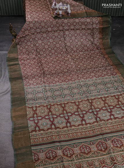 Brown & Green Pure Tussar Saree - Ajrakh Prints