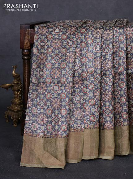 Grey & Elaichi Green Pure Tussar Saree - Ajrakh Prints