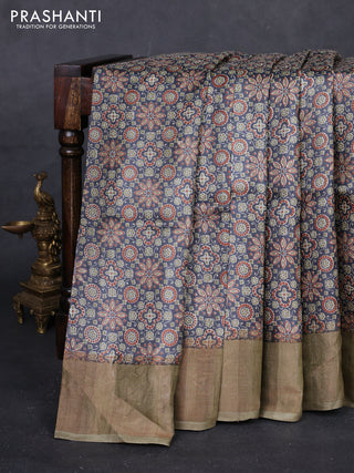 Grey & Elaichi Green Pure Tussar Saree - Ajrakh Prints