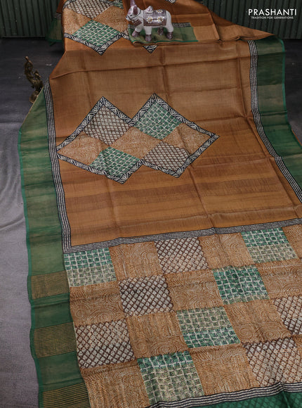 Brown & Green Pure Tussar Saree - Prints
