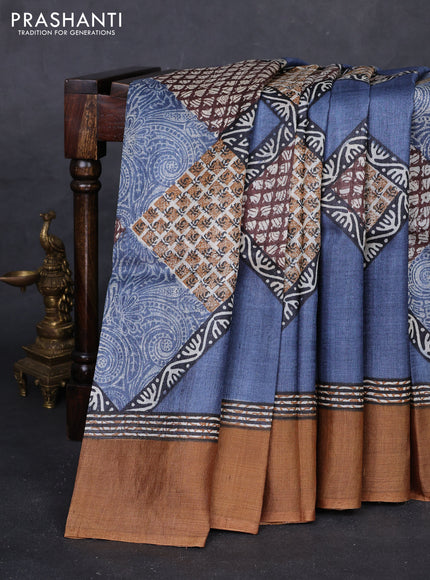 Grey & Mustard Yellow Pure Tussar Saree - Prints