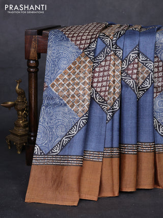 Grey & Mustard Yellow Pure Tussar Saree - Prints