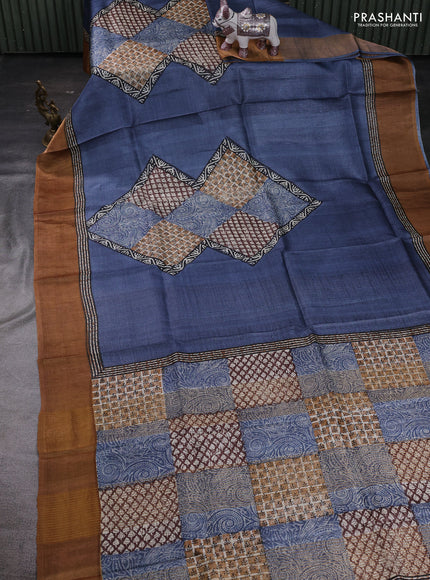 Grey & Mustard Yellow Pure Tussar Saree - Prints