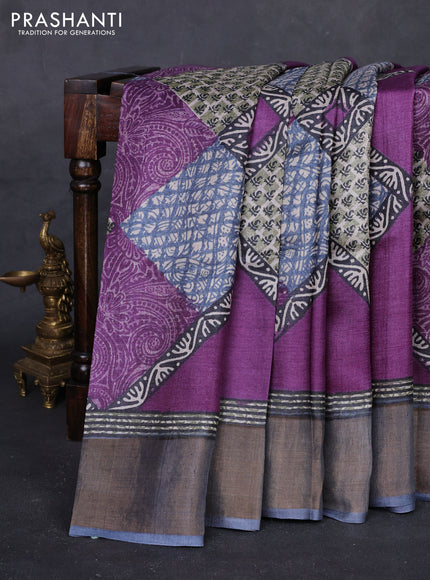 Purple & Grey Pure Tussar Saree - Prints