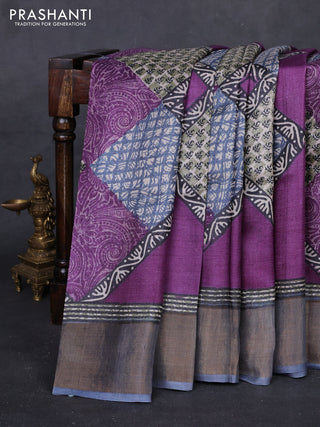 Purple & Grey Pure Tussar Saree - Prints