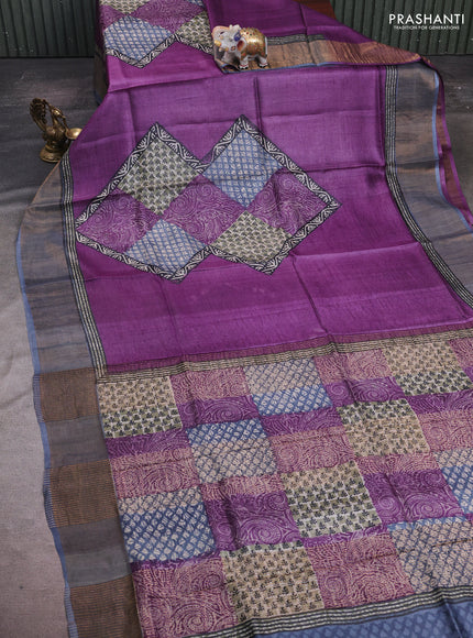 Purple & Grey Pure Tussar Saree - Prints