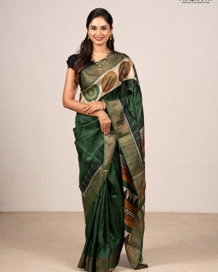 Green & Beige Pure Tussar Saree - Geometric Prints Prints