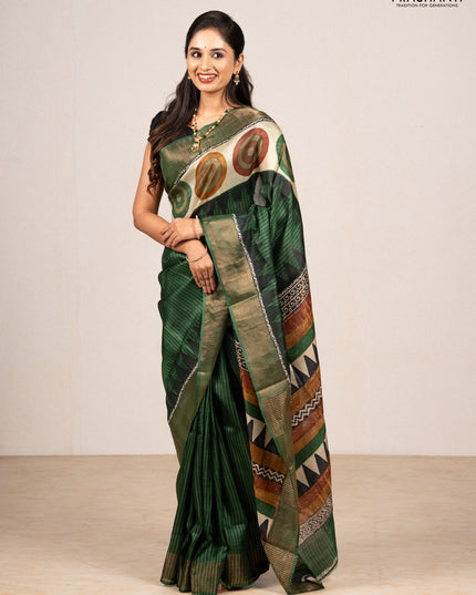 Green & Beige Pure Tussar Saree - Geometric Prints Prints