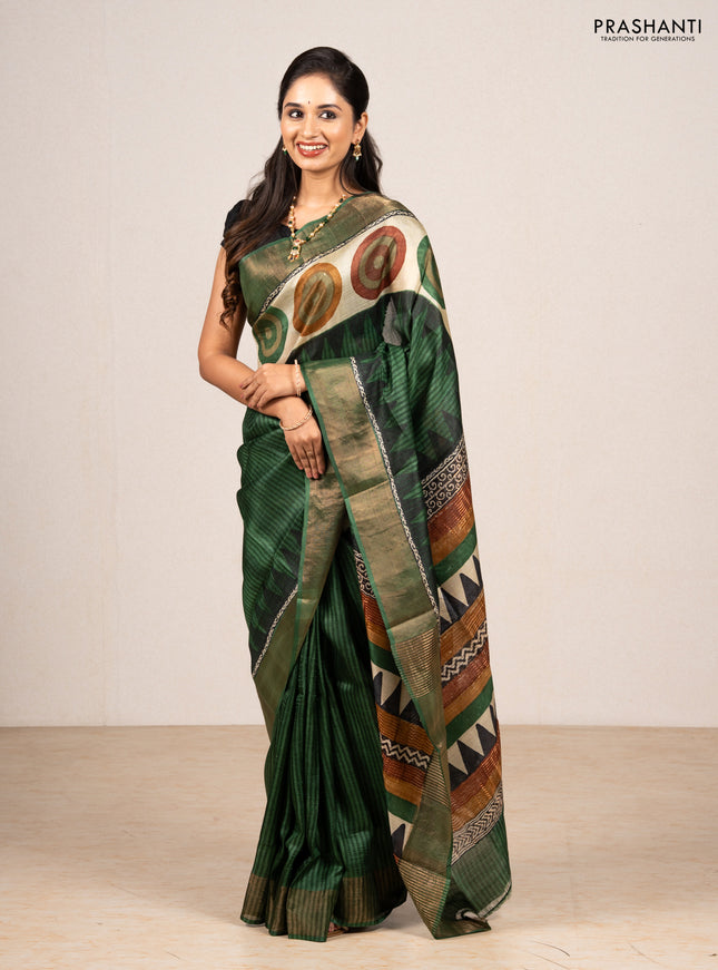 Green & Beige Pure Tussar Saree - Geometric Prints Prints