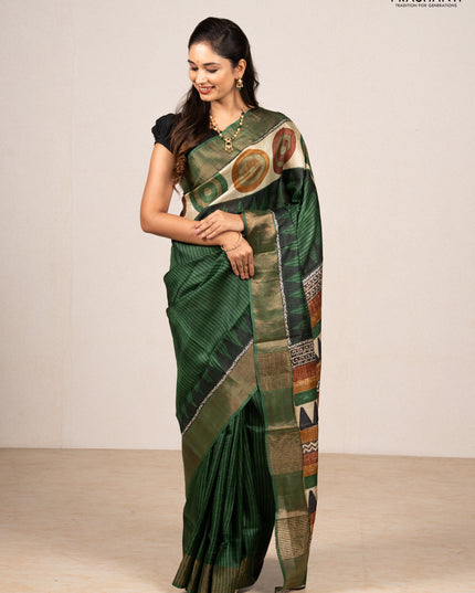 Green & Beige Pure Tussar Saree - Geometric Prints Prints