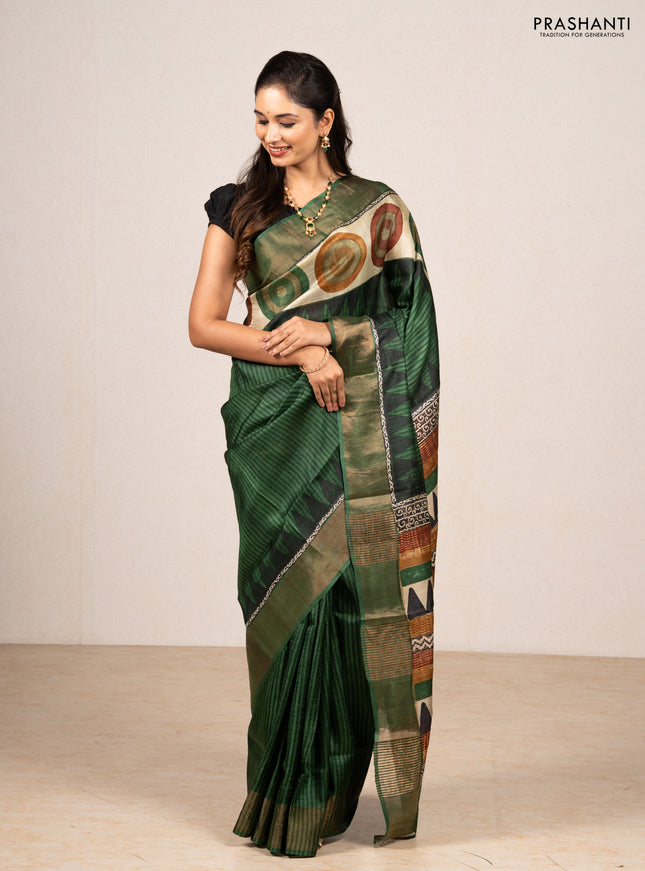 Green & Beige Pure Tussar Saree - Geometric Prints Prints