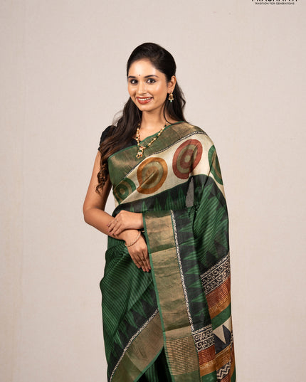 Green & Beige Pure Tussar Saree - Geometric Prints Prints