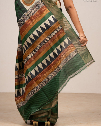 Green & Beige Pure Tussar Saree - Geometric Prints Prints