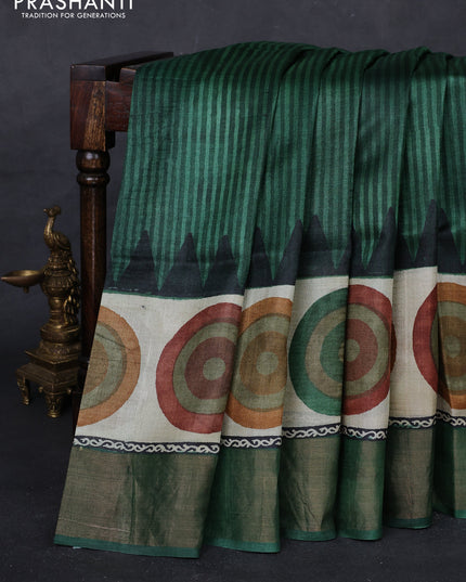 Green & Beige Pure Tussar Saree - Geometric Prints Prints