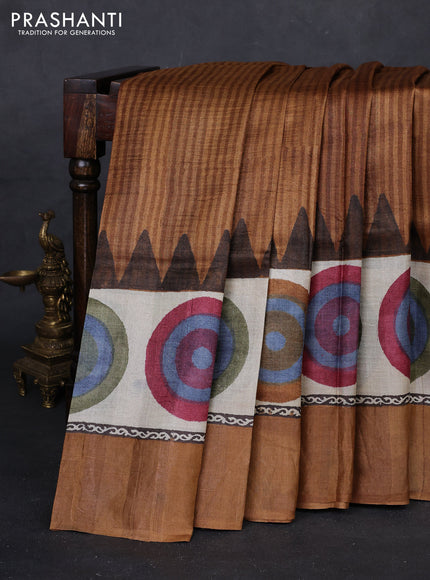 Mustard Yellow & Beige Pure Tussar Saree - Geometric Prints Prints