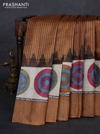 Mustard Yellow & Beige Pure Tussar Saree - Geometric Prints Prints