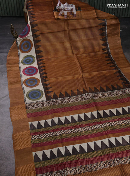 Mustard Yellow & Beige Pure Tussar Saree - Geometric Prints Prints
