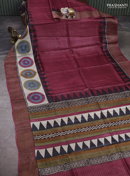Maroon & Beige Pure Tussar Saree - Geometric Prints Prints