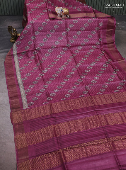 Wine Pure Tussar Saree - Zigzag Prints
