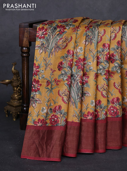 Mustard & Maroon Pure Tussar Saree - Kalamkari Prints