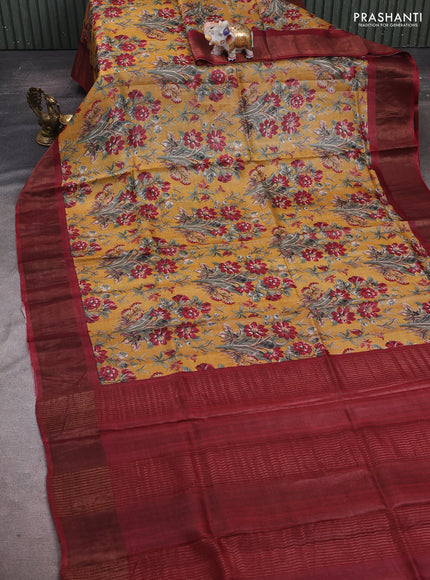 Mustard & Maroon Pure Tussar Saree - Kalamkari Prints