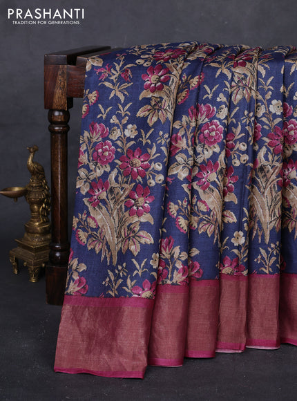 Navy Blue & Wine Pure Tussar Saree - Kalamkari Prints