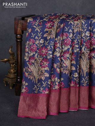 Navy Blue & Wine Pure Tussar Saree - Kalamkari Prints