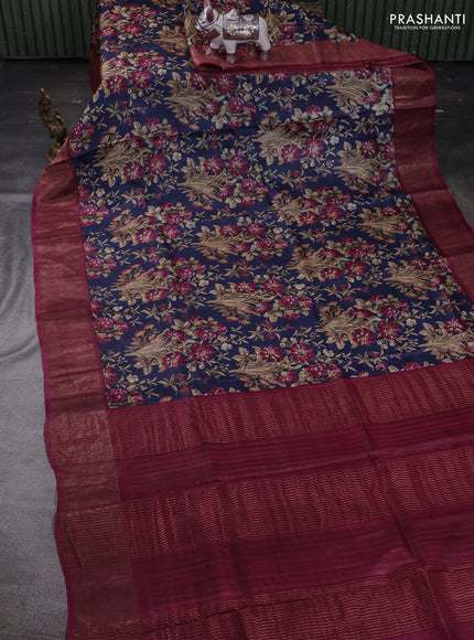 Navy Blue & Wine Pure Tussar Saree - Kalamkari Prints