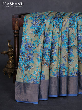 Pastel Green & Blue Pure Tussar Saree - Kalamkari Prints
