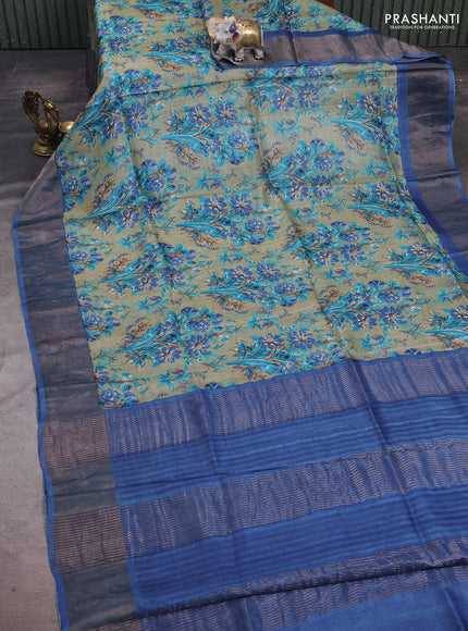 Pastel Green & Blue Pure Tussar Saree - Kalamkari Prints