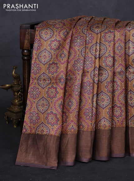 Mustard Yellow & Brown Pure Tussar Saree - Ajrakh Prints