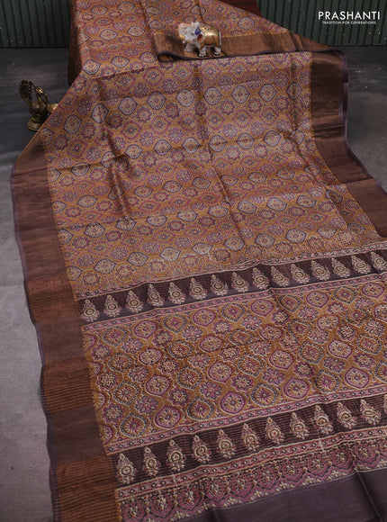 Mustard Yellow & Brown Pure Tussar Saree - Ajrakh Prints