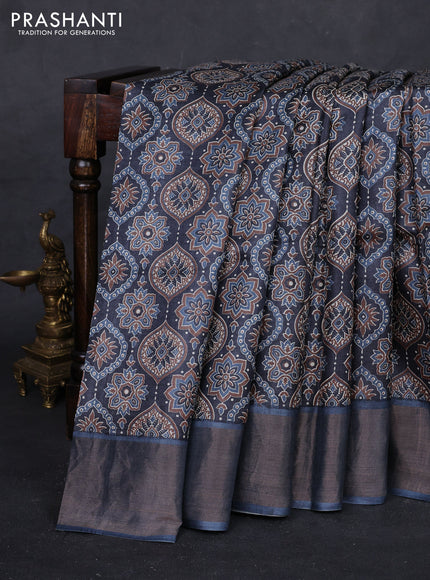 Grey Pure Tussar Saree - Ajrakh Prints