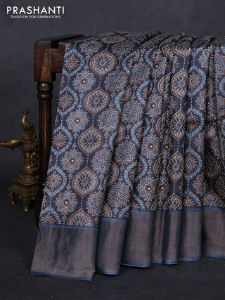 Grey Pure Tussar Saree - Ajrakh Prints